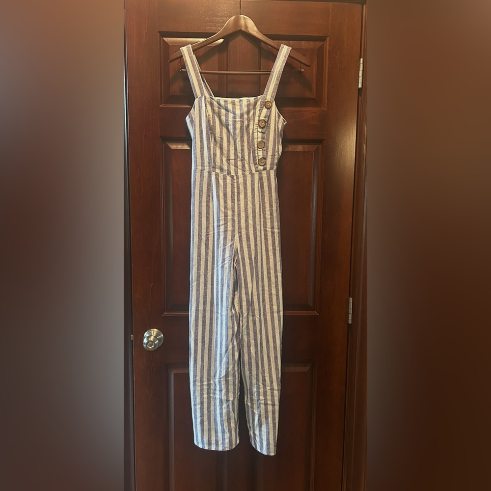 Kingston Grey Linen Blend Striped Wide Leg Jumpsuit Small Blue White Boho